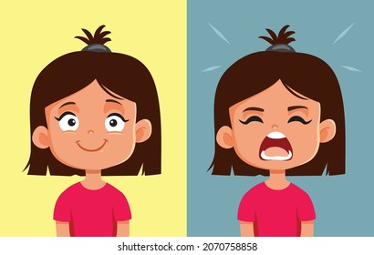 Toddler Girl Experiencing Mood Swings Vector Cartoon. Child having a tantrum outburst feeling happy then screaming 
