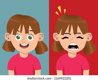 Toddler Girl Experiencing Mood Swings Vector Cartoon. Child having a tantrum outburst feeling happy then screaming.