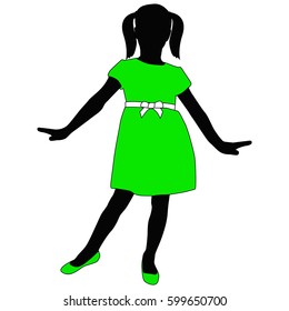 Toddler girl in green dress posing. Silhouette. Vector illustration isolated on white background