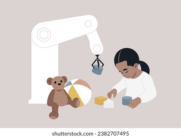 A toddler girl playing with a robot hand that assists her in building structures with colorful toy blocks, illustrating a futuristic concept of babysitting that doesn't require human operation