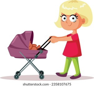 
Toddler Girl Pushing a Baby Stroller Vector Cartoon Illustration
Little child play pretending gender role stereotype game
