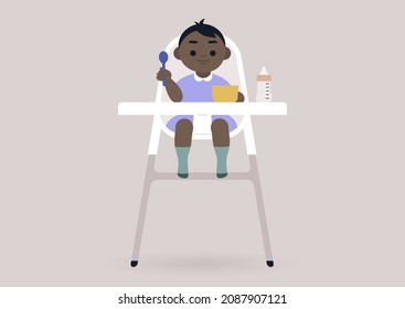 A Toddler Girl Sitting In A Kitchen Baby Chair, A Lunchtime Concept