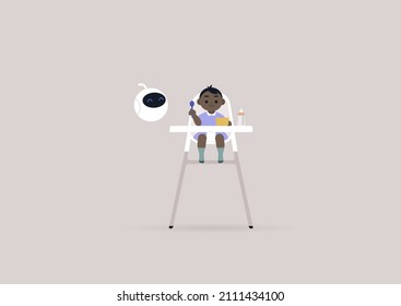 A toddler girl sitting in a kitchen baby chair, and a cute round robot hovering next to her, a lunchtime concept