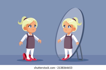 
Toddler Girl Trying on High Heels Shoes Vector Cartoon Illustration. Daughter wearing pumps admiring herself in the mirror dreaming about growing up
