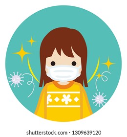 Toddler girl wearing a mask for prevent flu virus - front view, Circular icon