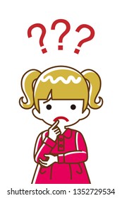 Toddler girl who has doubt something with three question marks -waist up, line art