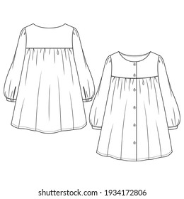 Kleinkind Girls Buttoned front Dress flache Skizze Vorlage. Technische Modeillustration von Kleinmädchen. Leichte Laternenschnecken