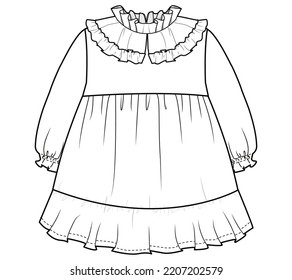 toddler girls ruffle mock neck long sleeve dress flat sketch vector technical cad drawing template