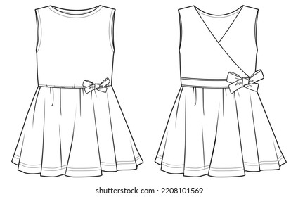 toddler girls sleeveless dress with bow waist baby girls party frock flat sketch vector illustration