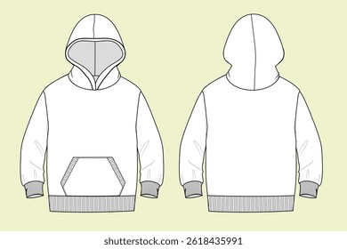 Toddler hoodie technical drawing fashion flat illustration sketch vector illustration template front and back views outline CAD mockup