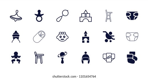 Toddler icon. collection of 18 toddler filled and outline icons such as pacifier, baby cap, newborn child, baby carriage, beanbag. editable toddler icons for web and mobile.