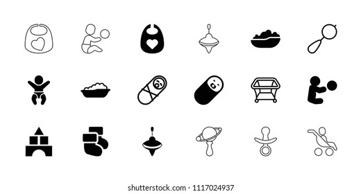 Toddler icon. collection of 18 toddler filled and outline icons such as baby bath, baby bid, toy tower, beanbag, playpen. editable toddler icons for web and mobile.