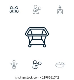 Toddler icon. collection of 7 toddler outline icons such as playpen, baby playing with toy, pacifier. editable toddler icons for web and mobile.
