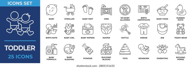 Toddler Icon Collection Set. Containing icon baby, child, stroller, baby feet, crib, birth day, diaper, onesie, powder, newborn, childcare, baby food and more. Outline Vector Illustration.