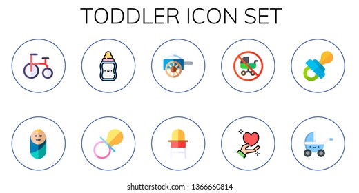 toddler icon set. 10 flat toddler icons.  Simple modern icons about  - tricycle, newborn, feeding bottle, pacifier, carriage, baby chair, no children, affection, stroller