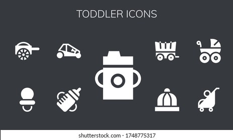 toddler icon set. 9 filled toddler icons.  Simple modern icons such as: Feeding bottle, Buggy, Dummy, Carriage, Stroller, Baby carriage, Baby hat