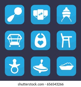 Toddler icon. set of 9 filled toddler icons such as pacifier, beanbag, diaper, whirligig, baby bath, baby bid