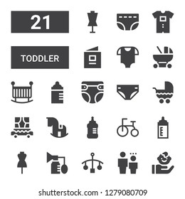 toddler icon set. Collection of 21 filled toddler icons included Child, Cot, Breast pump, Dummy, Feeding bottle, Tricycle, Baby bottle, Rocking horse, Carriage, Stroller, Diaper