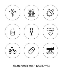 Toddler icon set. collection of 9 outline toddler icons with baby bottle, baby clothes, baby walker, children, dummy, pacifier icons. editable icons.
