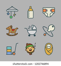 toddler icon set. vector set about rocking horse, boy, baby stroller and feeding bottle icons set.