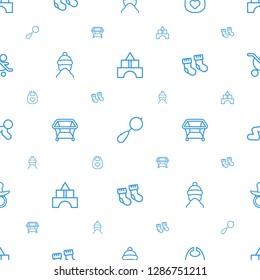 toddler icons pattern seamless white background. Included editable outline toy tower, beanbag, baby bid, baby cap, playpen, baby socks icons. toddler icons for web and mobile.