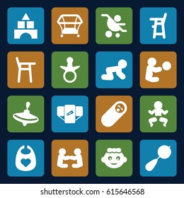 Toddler icons set. set of 16 toddler filled icons such as pacifier, baby girl, beanbag, diaper, whirligig, toy tower, playpen