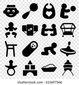 Toddler icons set. set of 16 toddler filled icons such as pacifier, baby girl, beanbag, diaper, whirligig, toy tower, playpen