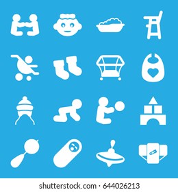 Toddler icons set. set of 16 toddler filled icons such as baby socks, beanbag, diaper, whirligig, toy tower, playpen