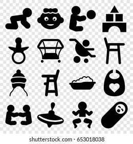 Toddler icons set. set of 16 toddler filled icons such as pacifier, baby girl, whirligig, toy tower, playpen