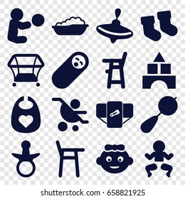 Toddler icons set. set of 16 toddler filled icons such as pacifier, baby socks, baby girl, beanbag, diaper, whirligig, toy tower, playpen