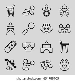 Toddler icons set. set of 16 toddler outline icons such as pacifier, baby socks, beanbag, diaper, toy tower