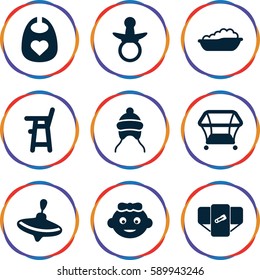 toddler icons set. Set of 9 toddler filled icons such as pacifier, baby girl, diaper, whirligig, baby bath