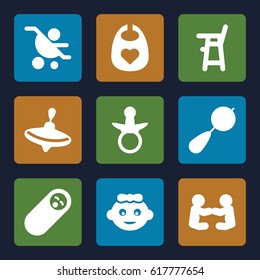 Toddler icons set. set of 9 toddler filled icons such as pacifier, baby girl, whirligig