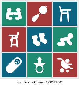 Toddler icons set. set of 9 toddler filled icons such as pacifier, baby socks, beanbag