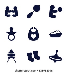Toddler icons set. set of 9 toddler filled icons such as pacifier, baby socks, beanbag
