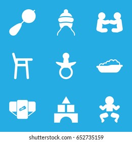 Toddler icons set. set of 9 toddler filled icons such as pacifier, beanbag, diaper, baby bath, toy tower