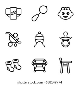 Toddler icons set. set of 9 toddler outline icons such as pacifier, baby socks, baby girl, beanbag, diaper