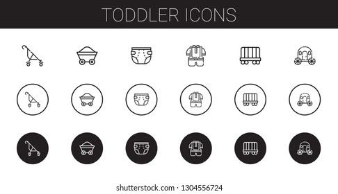 toddler icons set. Collection of toddler with stroller, wagon, diaper, kid, carriage. Editable and scalable toddler icons.