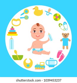 Toddler infant in diaper with milk bottle in hand frame made of accessories for kids fun and care vector poster with circle border from toys and dishware