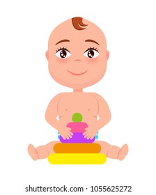 Toddler infant in diaper playing with pyramid first toy constructor vector illustration little child isolated on white background in cartoon style design
