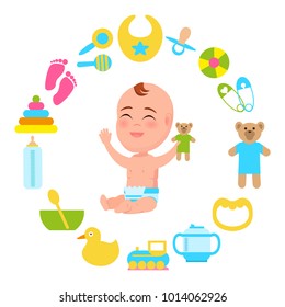 Toddler infant in diaper with plush teddy bear in hand frame made of accessories for kids fun and care vector poster with circle border of toys and dishes
