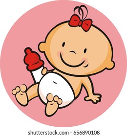 toddler, infant, girl with bow, vector icon, label, pink background, illustration, 