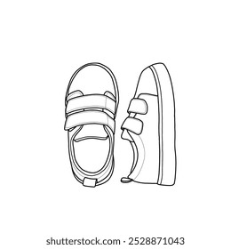 Kleinkind Kind Schuhe Klettverschluss Turnschuhe Krippe, Anti-Rutsch-Linie Kunst. Technische Skizze Handzeichnung Umriss Vektor Doodle Illustration. Einzeln auf weißem Hintergrund