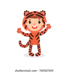 Toddler kid in colorful tiger costume. Child in outfit for photo shoot or Halloween party. Cartoon boy or girl wearing animal jumpsuit. Flat vector design