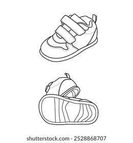 Toddler kid shoes velcro sneakers, anti-slip line art. Technical sketch hand-drawing outline vector doodle illustration. Isolated on a white background