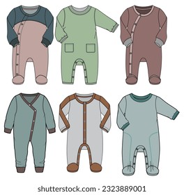 Toddler Kids Infant Baby Sleep Full Bodysuit Fashion Flat Sketch Vector Illustration, CAD, Technical Drawing, Flat Drawing, Template, Mockup.