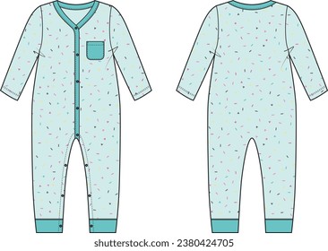 Toddler Kids Infant Baby Sleep Full Bodysuit Fashion Flat Sketch Vector Illustration, CAD, Technical Drawing, Flat Drawing, Template, Mockup.