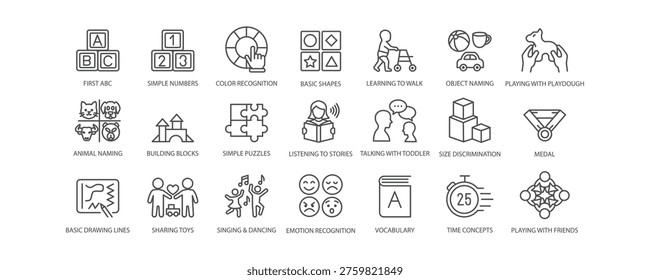 Toddler Learning Icons Set  ABC, Numbers, Shapes, Puzzles, Drawing, Vocabulary, Emotion Recognition, Early Education Activities Editable Stroke Line Icons