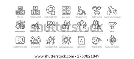 Toddler Learning Icons Set  ABC, Numbers, Shapes, Puzzles, Drawing, Vocabulary, Emotion Recognition, Early Education Activities Editable Stroke Line Icons