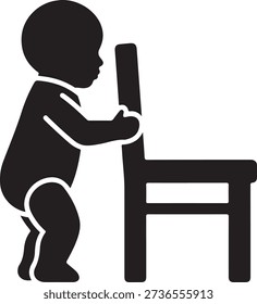 Toddler learning to stand up using a chair for support in a simple black and white illustration isolated on white background, illustration